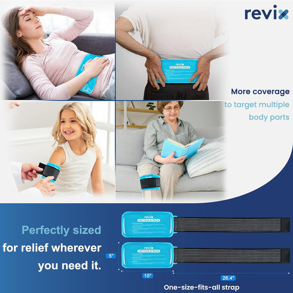 REVIX Ice Packs for Injuries Reusable, 2 Packs Hot & Cold Gel Ice Packs with PVC Cooling Design & Adjustable Strap