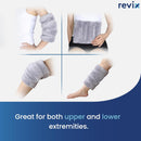 Gray compression sleeves on various body parts with Revix knee heating pad.