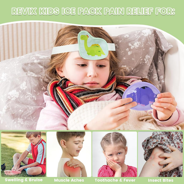 REVIX Kids Ice Packs for Boo Boos, 5 Gel Cold Packs for Injuries Reusable Toddler Ice Pack with Straps for Fever, Swelling, Bruise and Pain Relief