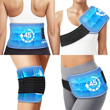 REVIX Compresa de hielo para lesiones reutilizable con correa elástica, compresa fría de gel de larga duración de 45 minutos para rodilla, hombro, espalda