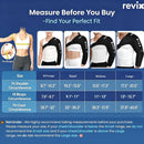 measurement guide for revix ice sleeve, showing a size chart with chest and bicep circumference measurements for Small, Medium, and Large sizes, alongside visual examples of how the black and white sleeve fit looks on different body types.
