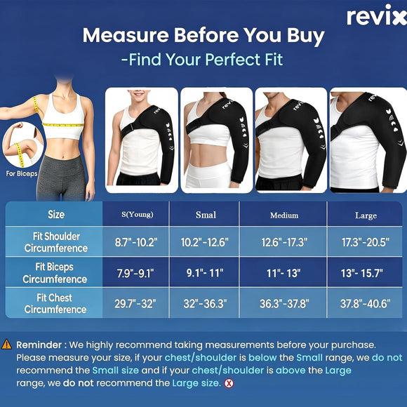 measurement guide for revix ice sleeve, showing a size chart with chest and bicep circumference measurements for Small, Medium, and Large sizes, alongside visual examples of how the black and white sleeve fit looks on different body types.